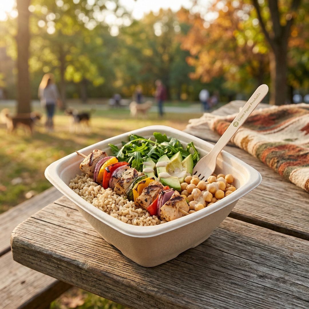 Fiber bowl with a salad and fork on a wooden table in a park setting