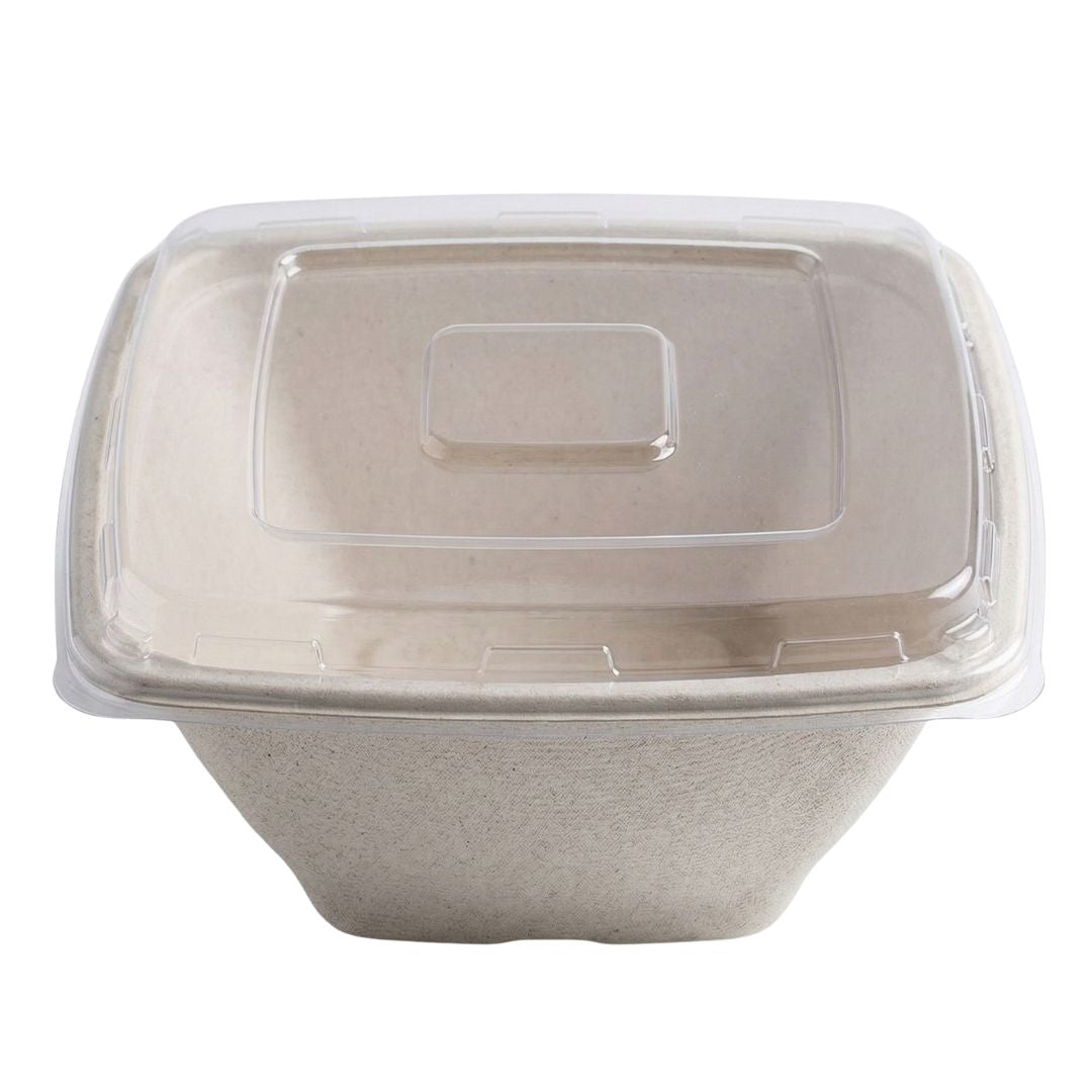 Compostable bowl with a clear lid on a white background
