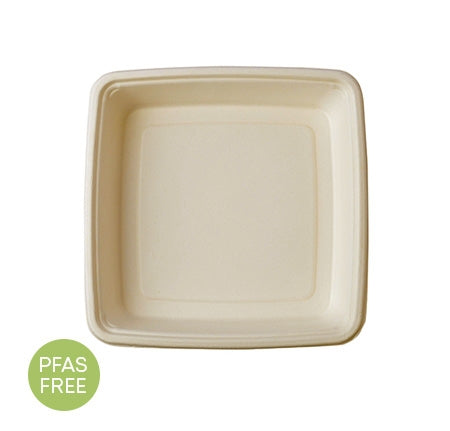 Compostable fiber tray with PFAS-free label on a white background