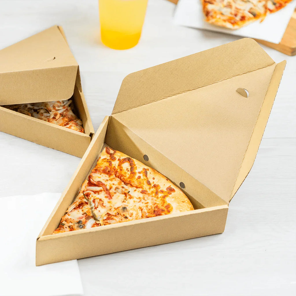 Single slice pizza boxes on a surface.