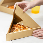 Slice of pizza in a triangular pizza box.