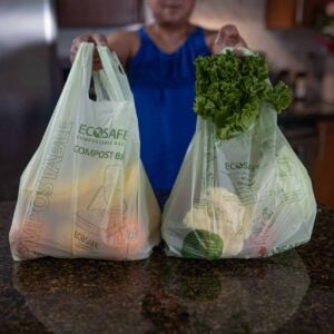 Person holding two compostable bags filled with groceries on a kitchen counter.