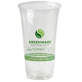 A clear plastic compostable cup with a green and white printed logo and text on the front, shown against a plain white background.