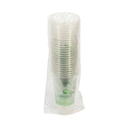 A stack of clear plastic cups wrapped in a transparent protective plastic sleeve, with a green printed logo visible on the bottom cup, set against a plain white background.