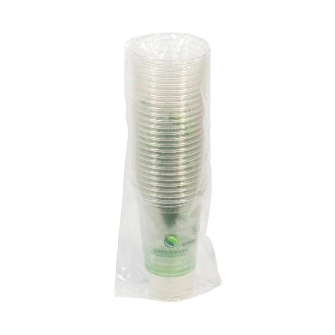 A stack of clear plastic cups wrapped in a transparent protective plastic sleeve, with a green printed logo visible on the bottom cup, set against a plain white background.