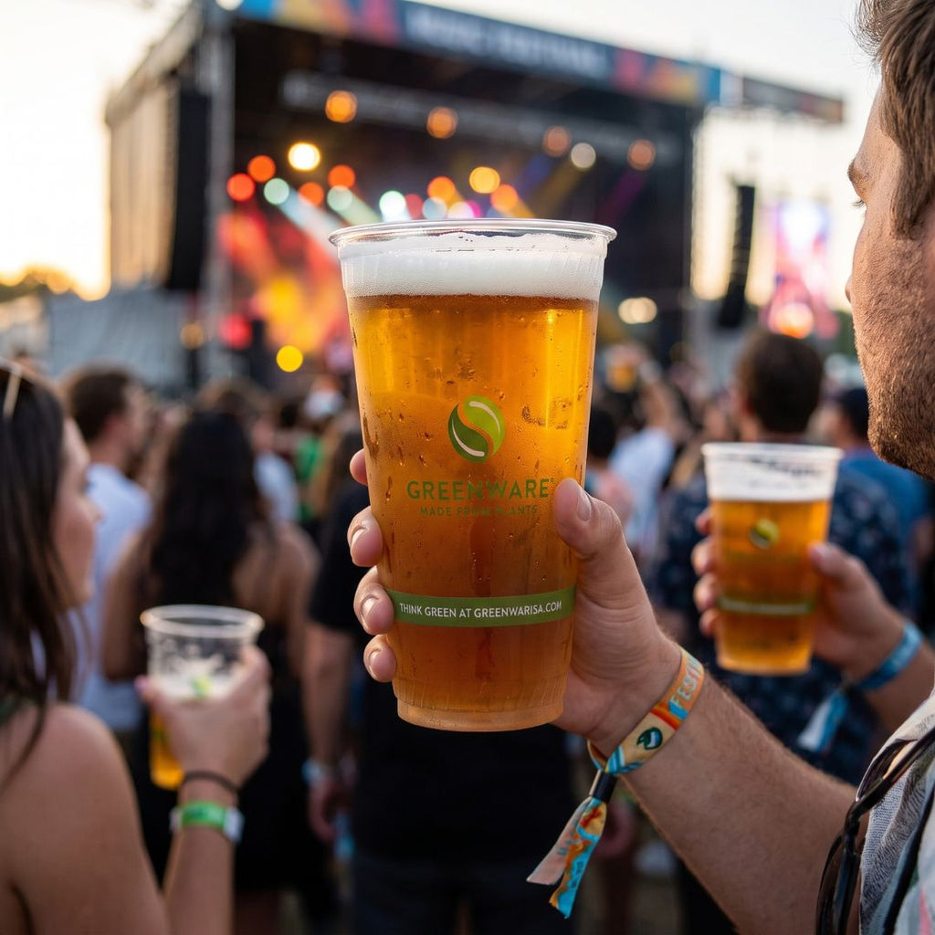 A person at an outdoor concert holds a clear plastic stadium cup of golden beer with a white foam head and a visible Greenware logo with a blurred stage and crowd behind them.