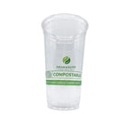 A clear plastic cup with a green and white printed label that reads GREENWARE COMPOSTABLE, shown on a plain white background.