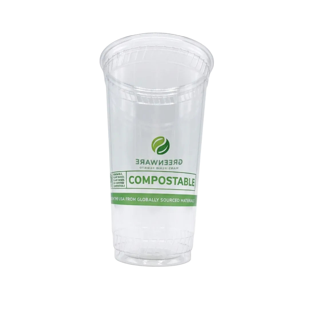 A clear plastic cup with a green and white printed label that reads GREENWARE COMPOSTABLE, shown on a plain white background.