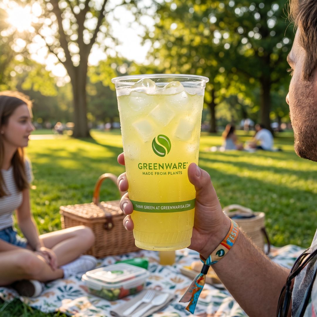 A compostable 32 oz cup filled with lemonade being held by a man at a picnic.