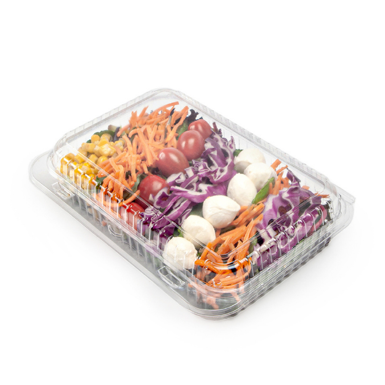 Clear plastic container with lid, containing a salad of various vegetables on a white background