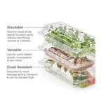 Stackable food container with microgreens and sushi, featuring text on its benefits.