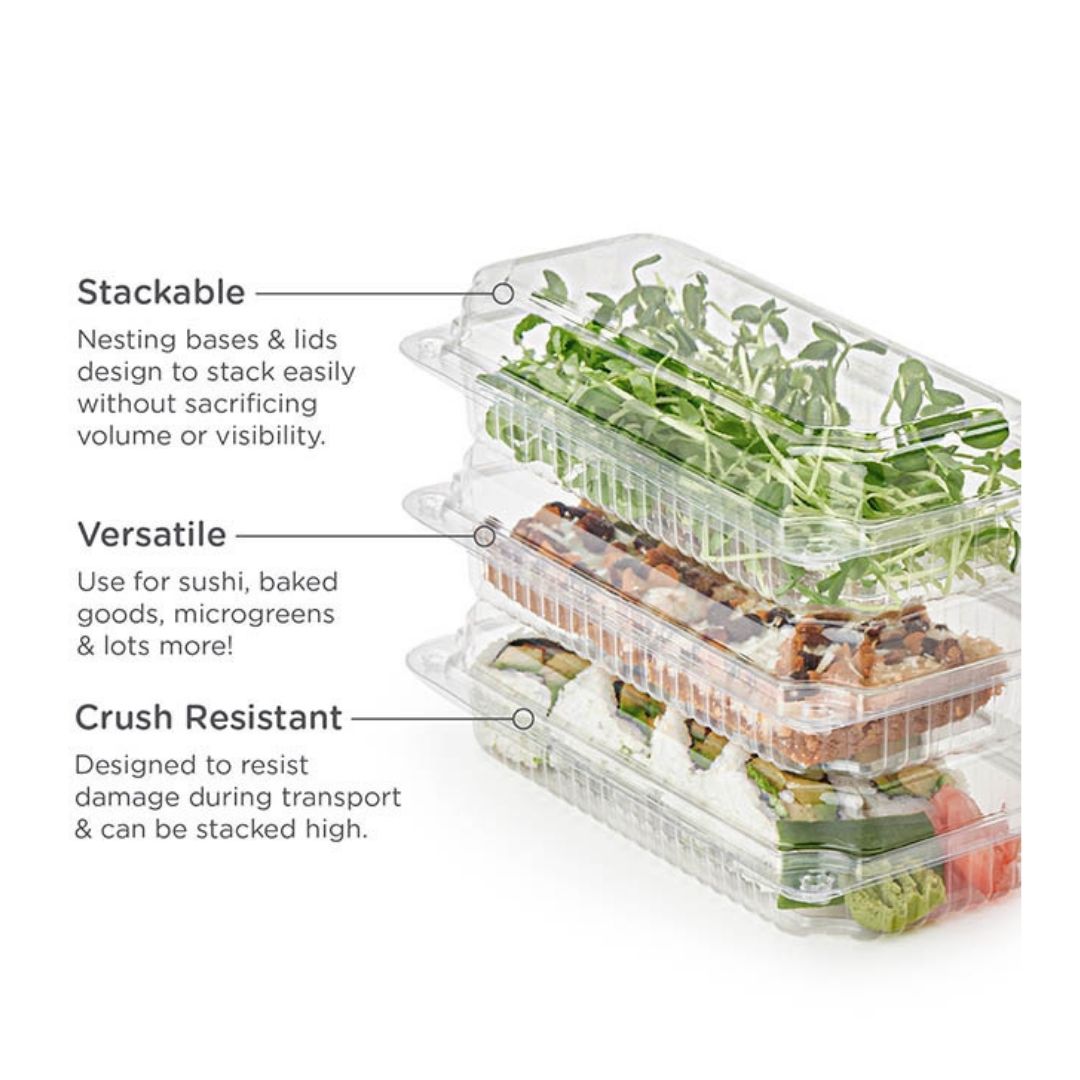 Stackable food container with microgreens and sushi, featuring text on its benefits.