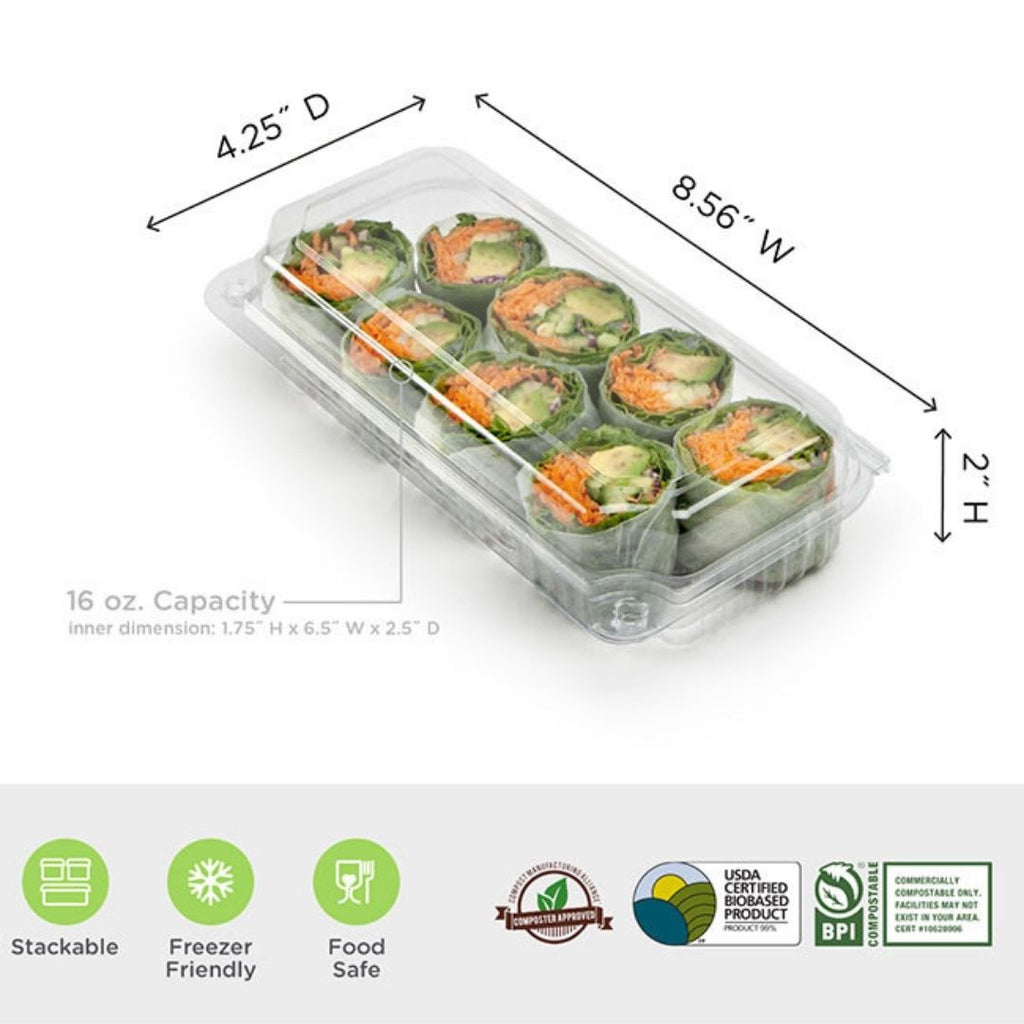 Sushi container with dimensions and features on a white background