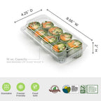 Sushi container with dimensions and features on a white background
