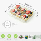 Measurement chart of a dessert container with small pastries topped with strawberries and blueberries, featuring dimensions and certification logos.