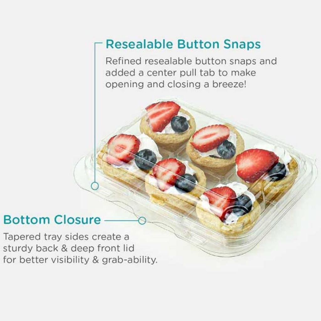 Pastry with fruit toppings in a clear single-bite dessert container with text on resealable button snaps and bottom closure.