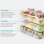 Stackable clear food containers with colorful contents on a white background