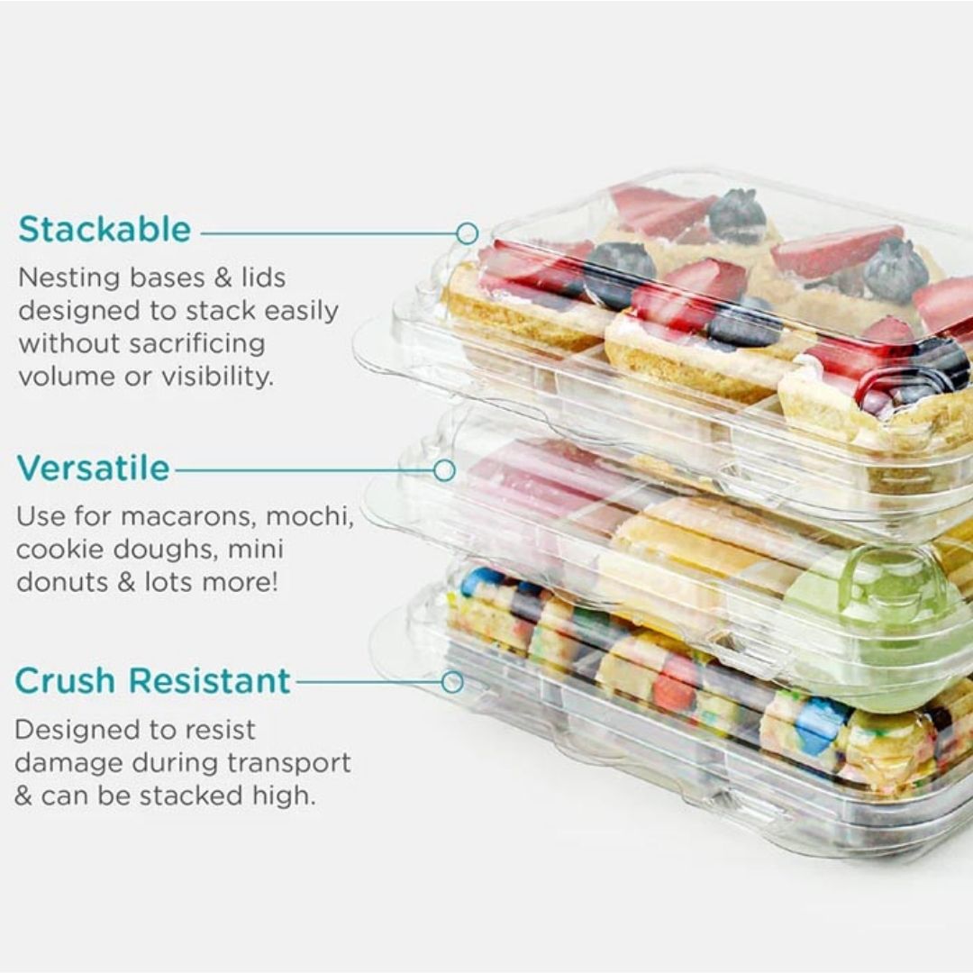 Stackable clear food containers with colorful contents on a white background