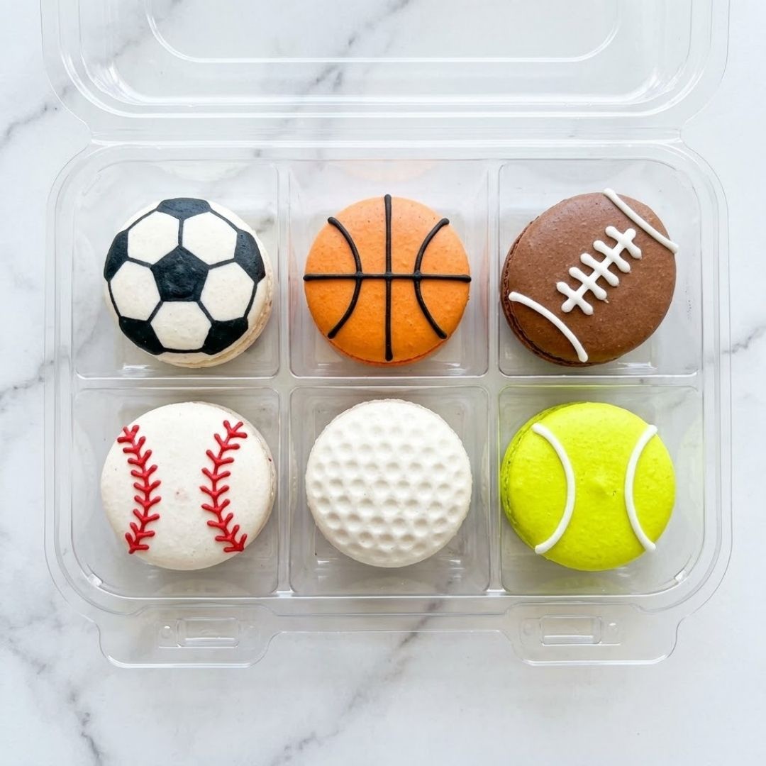 Six sports-themed macarons in a clear 6-compartment container on a marble surface