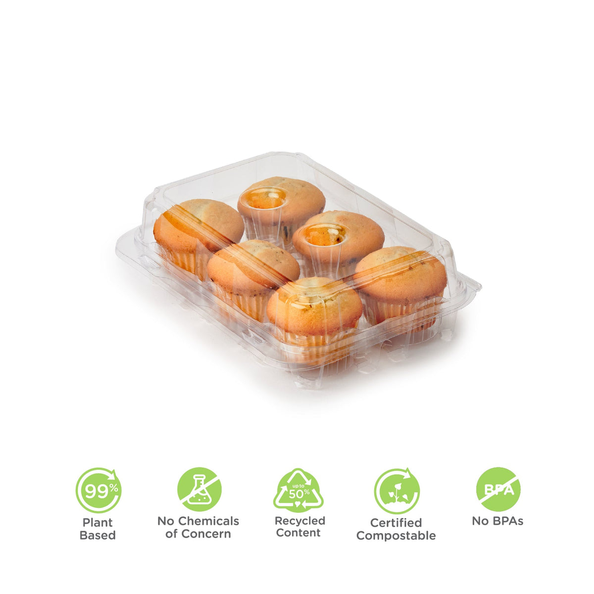 Hinged Muffin Container on a white background with features noted.