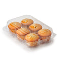 Pack of six muffins in clear compostable packaging on a white background