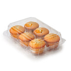 Pack of six muffins in clear compostable packaging on a white background