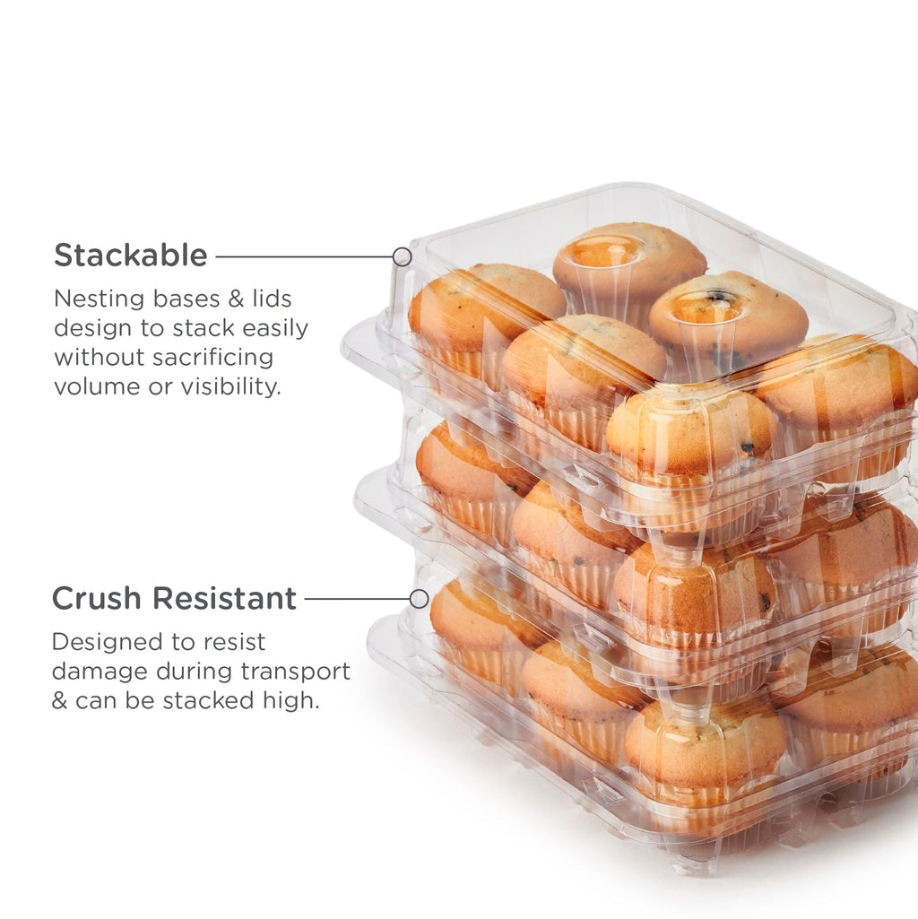 Cupcake/Muffin take out containers stacked on top of each other with a white background and features noted.