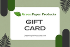 Gift card from Green Paper Products with a green leaf logo on a green background.