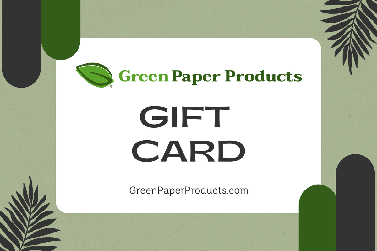 Gift card from Green Paper Products with a green leaf logo on a green background.