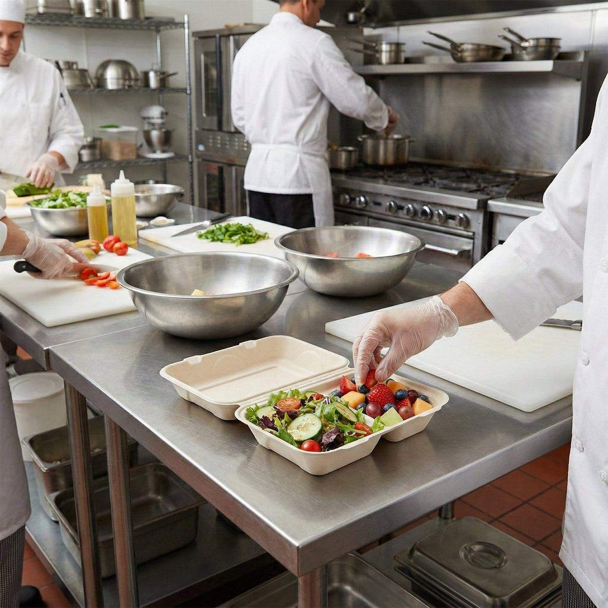 Chefs preparing food in a professional kitchen with salad containers.