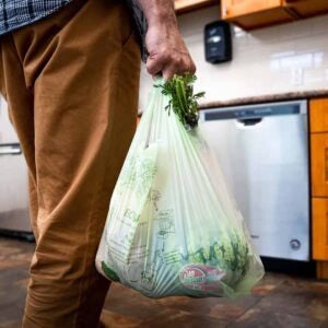 Person holding a compostable t-shirt bag with groceries in a kitchen.