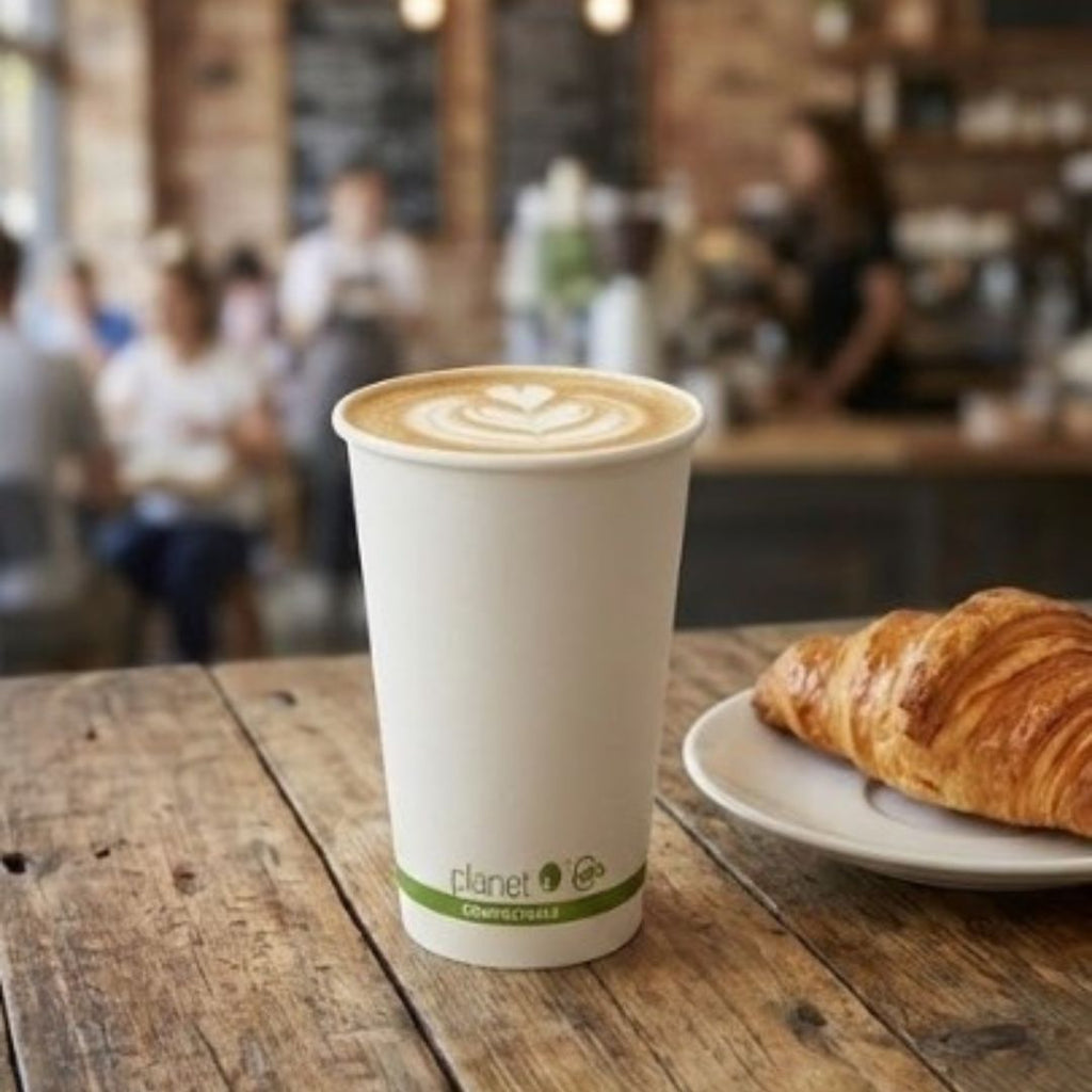 Cappuccino in a white cup with 'planet+' branding on a wooden table, with a blurred cafe background.