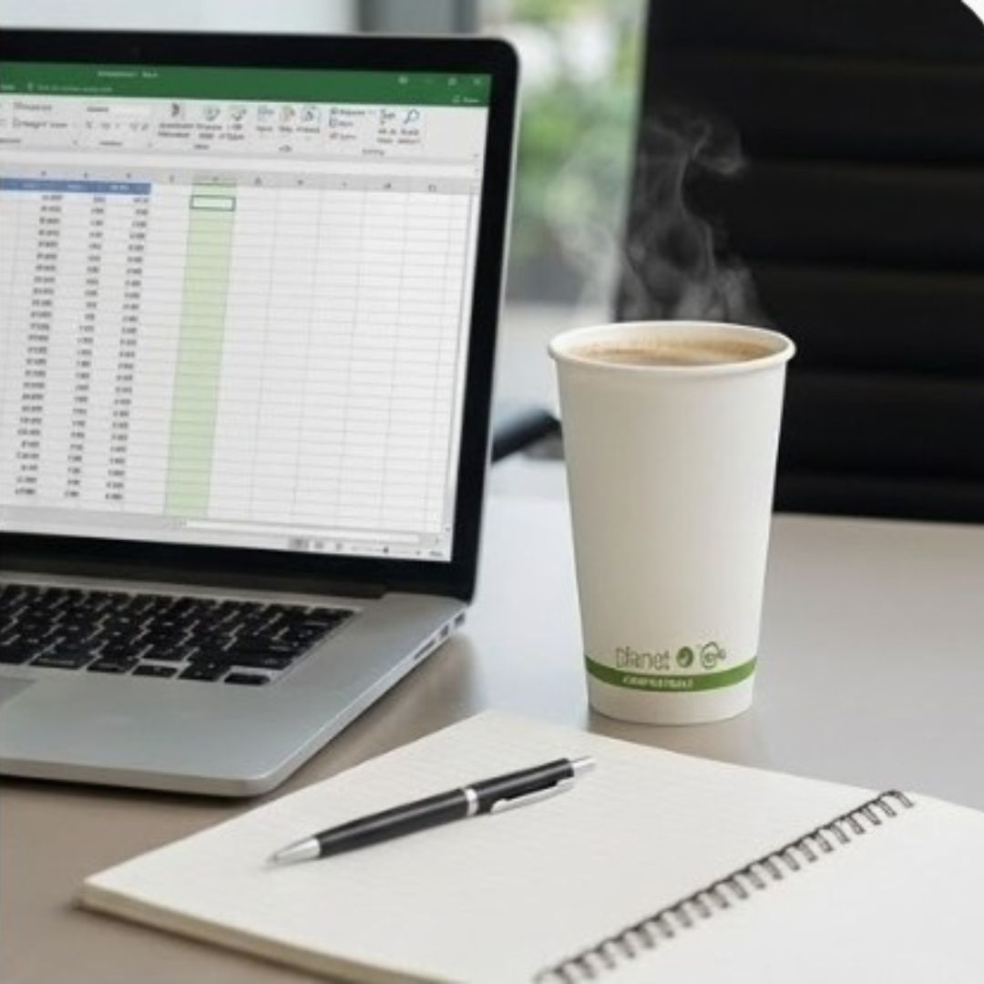 Laptop displaying a spreadsheet on a desk with a coffee cup and notebook.