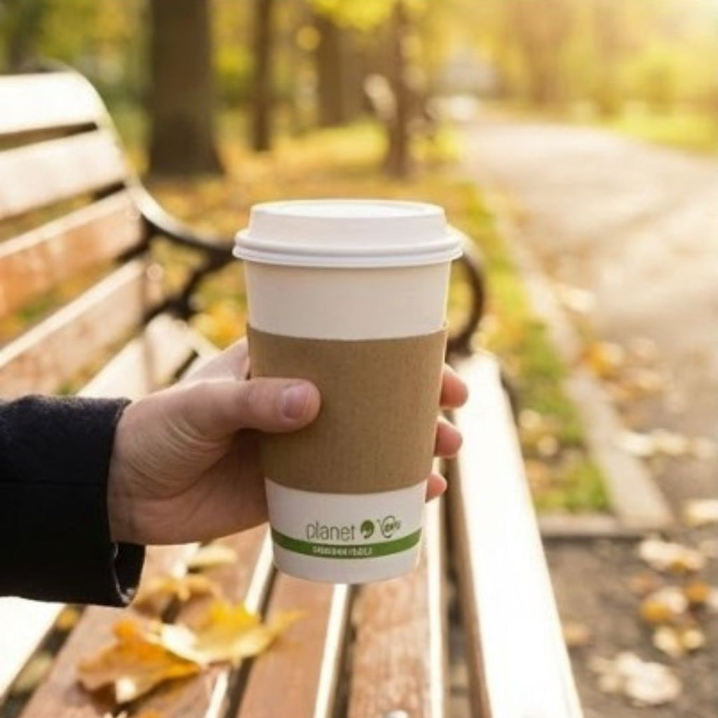 Hand holding a coffee cup with 'planet+' branding in an outdoor setting.