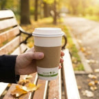 Hand holding a coffee cup with 'planet+' branding in an outdoor setting.