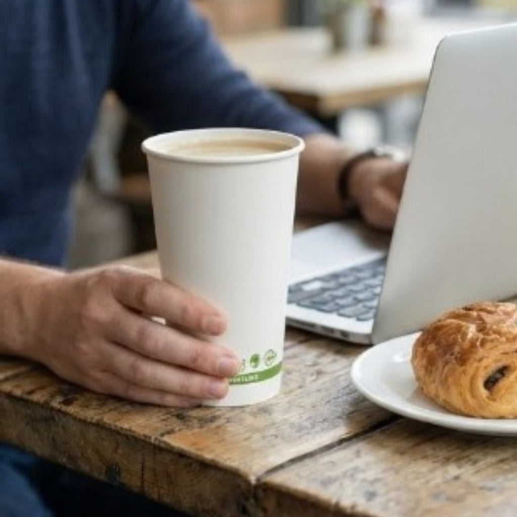 Person holding a coffee cup with a laptop and pastry on a wooden table