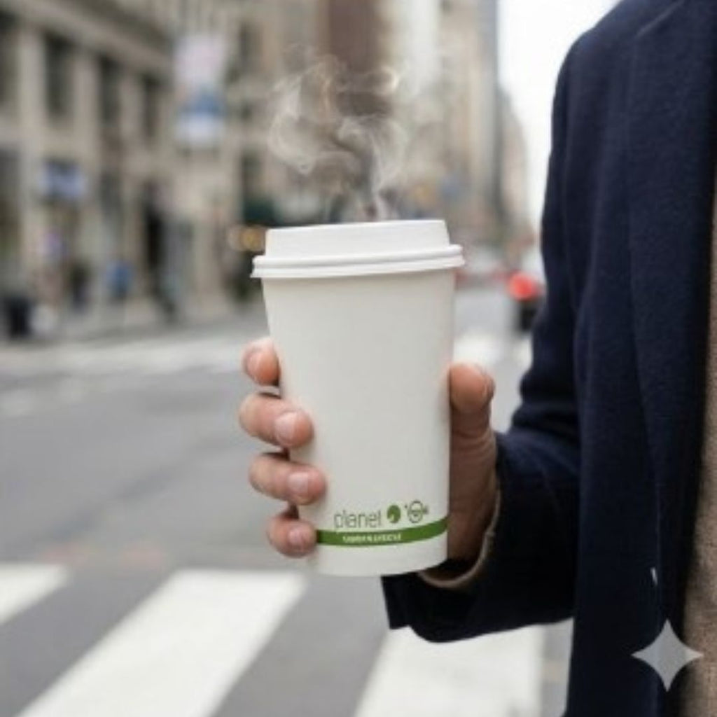 Person holding a steaming coffee cup with 'Planet+' branding on a city street.