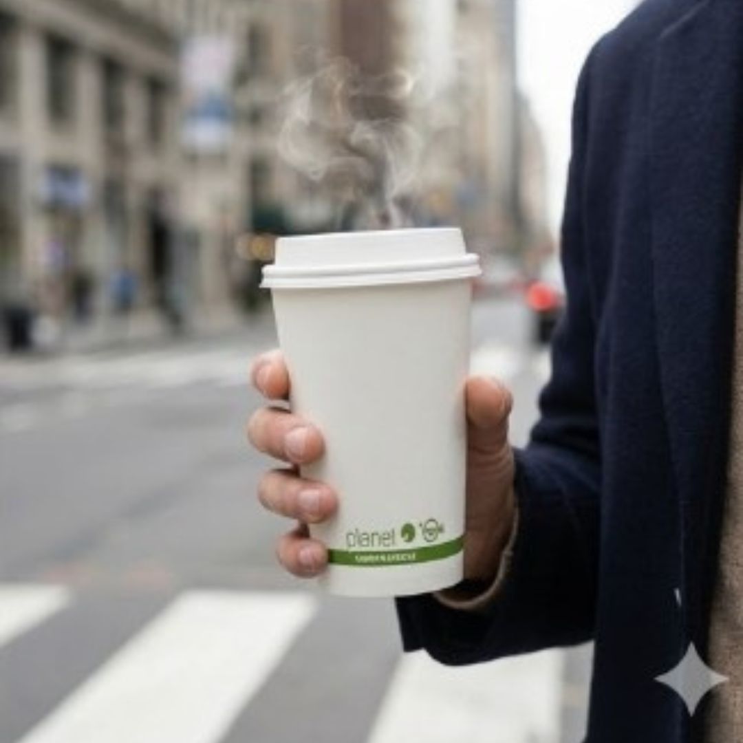 Person holding a steaming coffee cup with 'Planet+' branding on a city street.