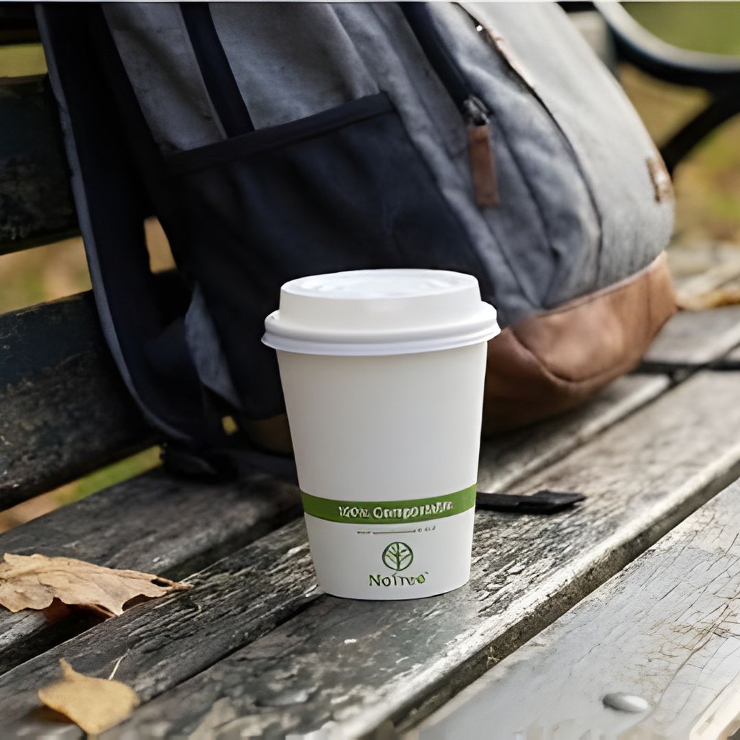 Compostable coffee cup with a lid on a wooden bench with a backpack sitting in the background