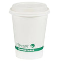 White compostable coffee cup with a green label on a white background