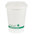 White compostable coffee cup with a green label on a white background