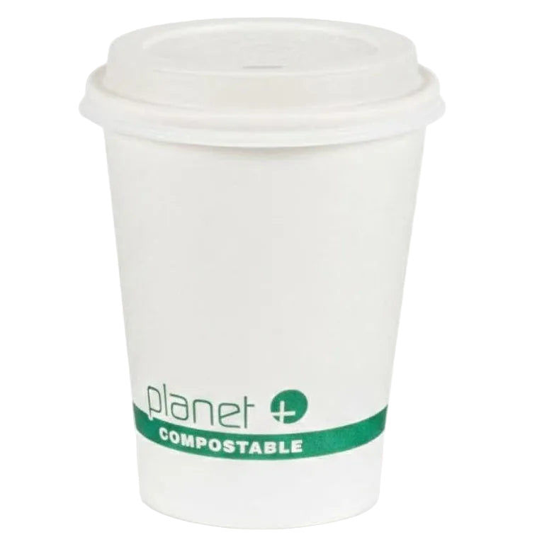 White compostable coffee cup with a green label on a white background