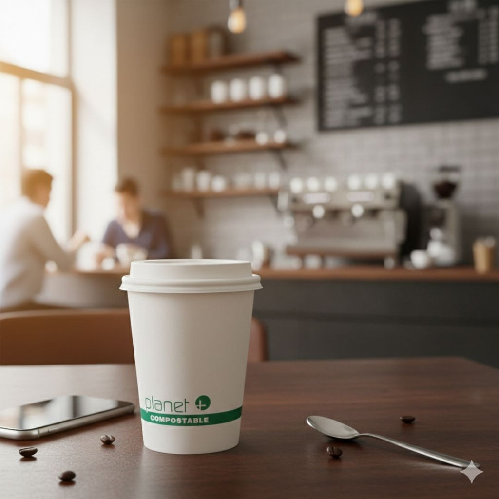 White compostable coffee cup on a table with a blurred cafe background