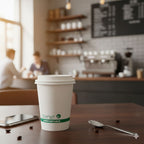 White compostable coffee cup on a table with a blurred cafe background