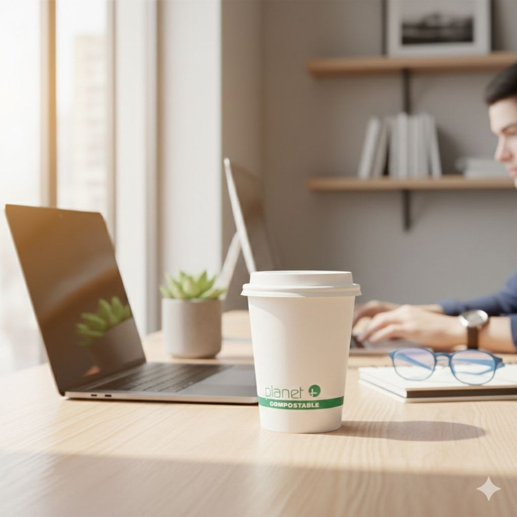 Person working at a desk with a laptop and a compostable coffee cup, with a blurred background.