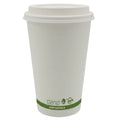 White compostable cup with a green label on a white background