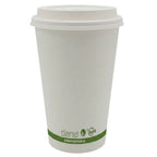 White compostable cup with a green label on a white background
