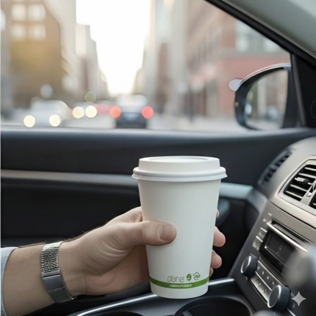 Hand holding a coffee cup with a green logo inside a car, blurred city street outside