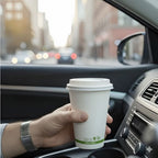 Hand holding a coffee cup with a green logo inside a car, blurred city street outside