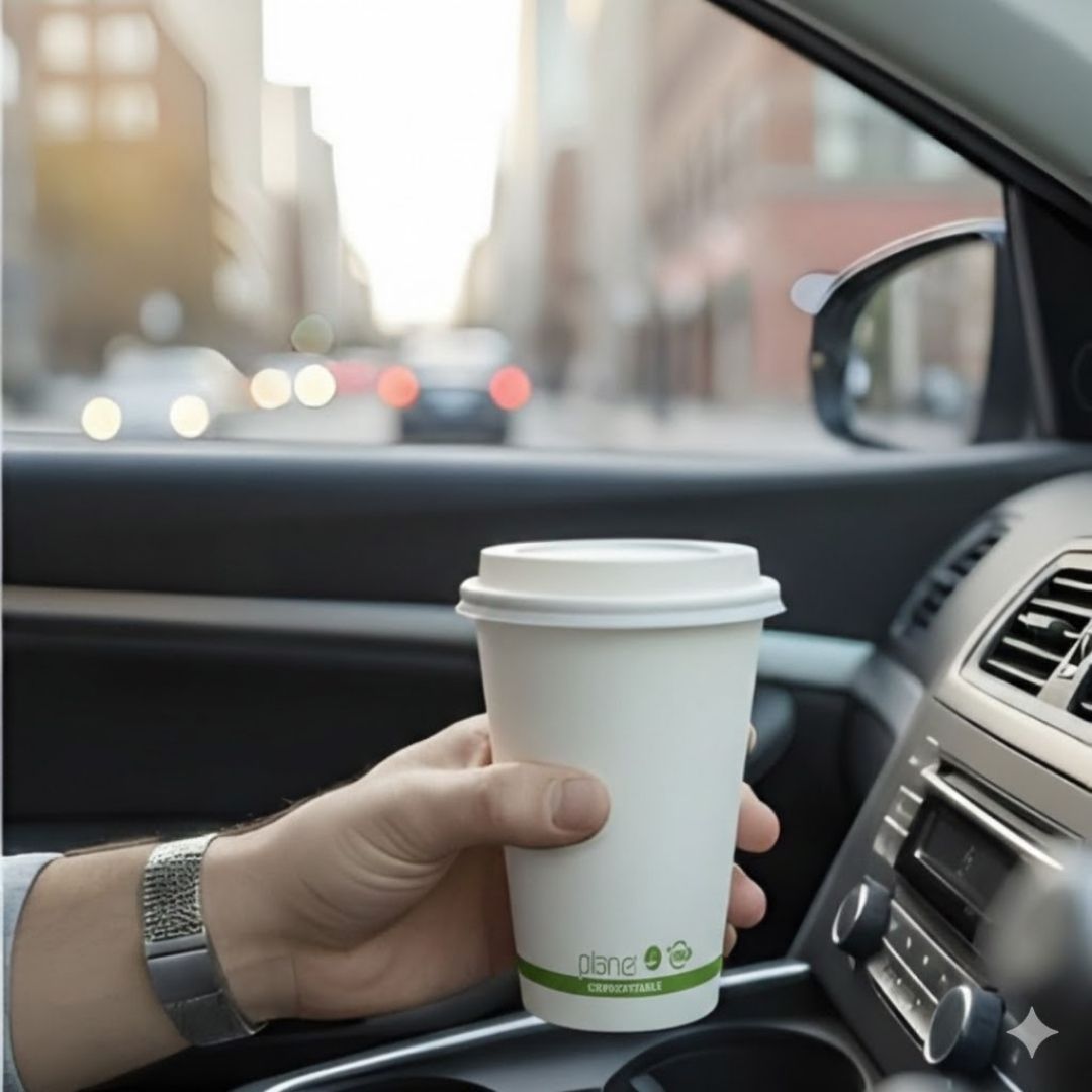 Hand holding a coffee cup with a green logo inside a car, blurred city street outside